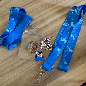 Disney lanyard, pin, holder. Captain Jake, Elena of Avalor, Minnie & Mickey